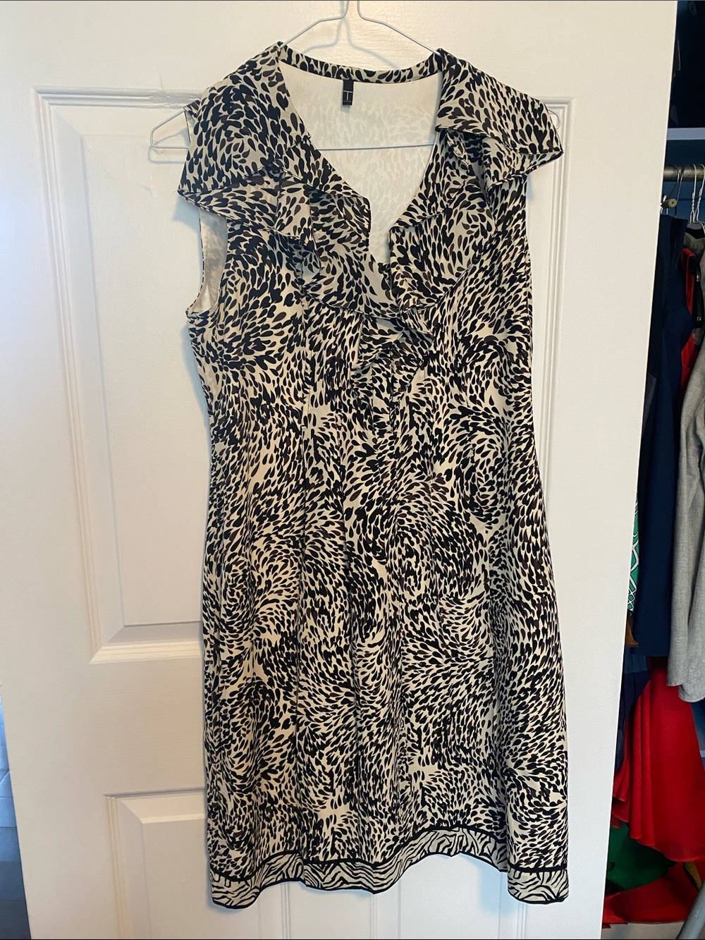 Tahari Black and Cream Ruffle V-Neck Dress